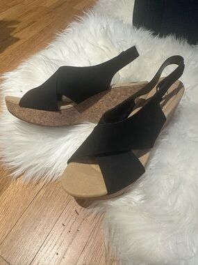 Clarks Black Cork Wedge Slingback Sandals 12 WIDE
